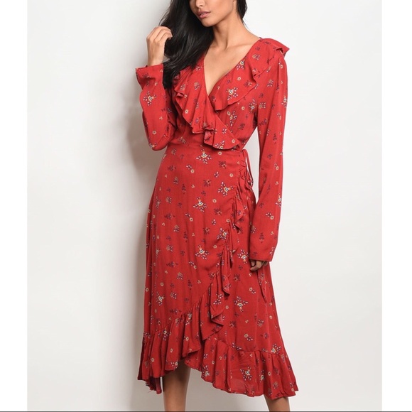 Red floral long sleeve midi wrap dress - Picture 2 of 2